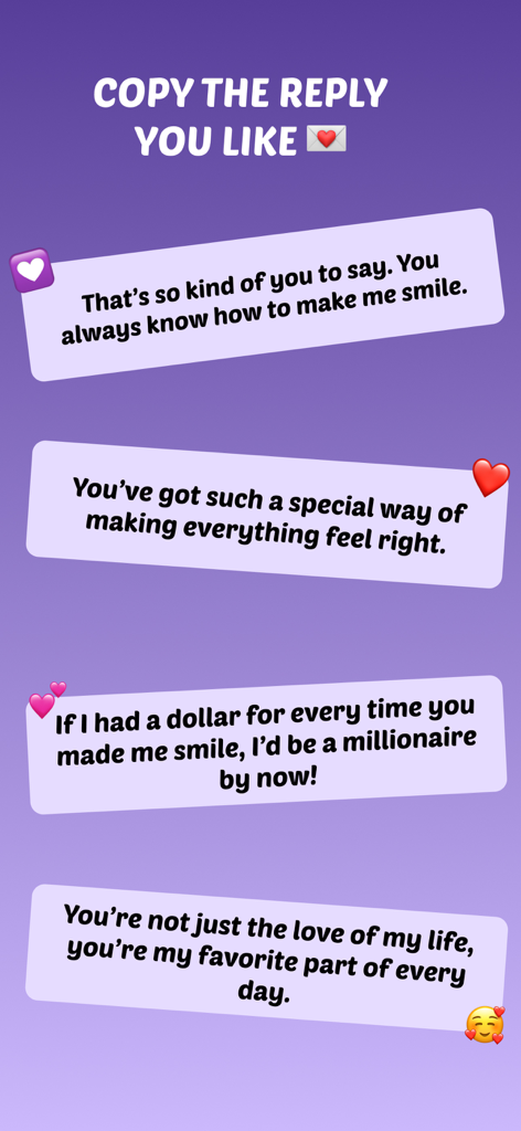 Screen showing multiple romantic and witty chat reply options for dating apps