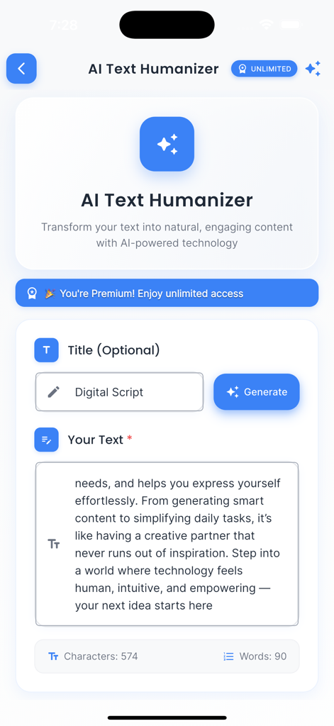 AI Humaniser: Text Bypass - Interface of the AI Humaniser app showing a text input field and a generate button to transform AI text into natural content.