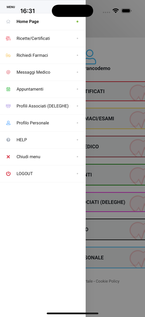 Portale paziente - Atlasmedica - Menú de navegación lateral de la aplicación Atlasmedica patient portal que muestra opciones para historiales médicos, citas y mensajes del doctor