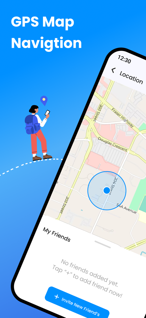 Find My Phone : GPS Tracker - Mobile app interface showing a GPS map for finding phones and tracking locations with friends