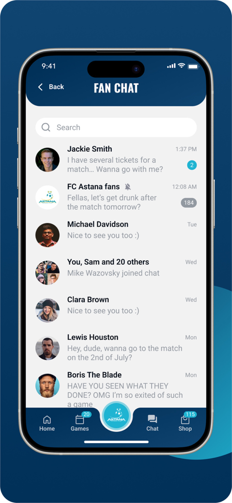 Astana FC - Fan chat screen in the Astana FC app showing a list of private and group messages between supporters.
