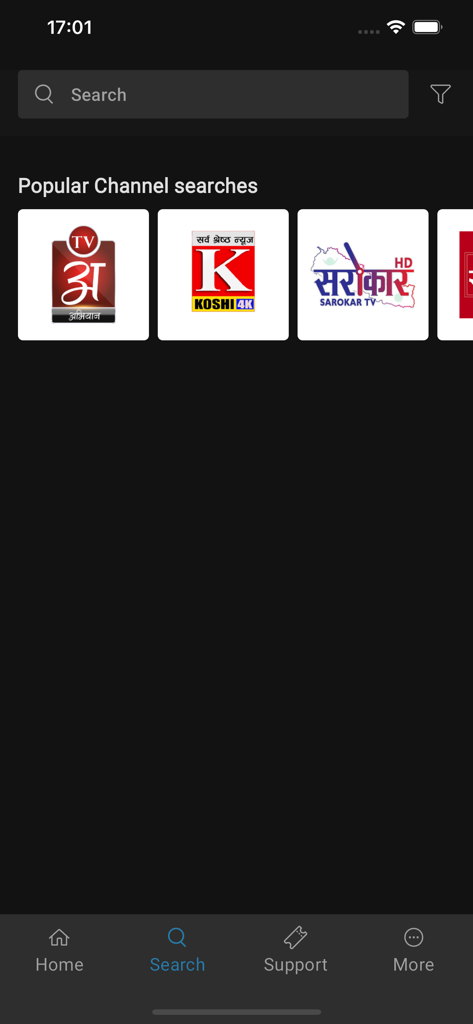 NetTV - Search screen of NetTV app showing popular Nepalese television channels