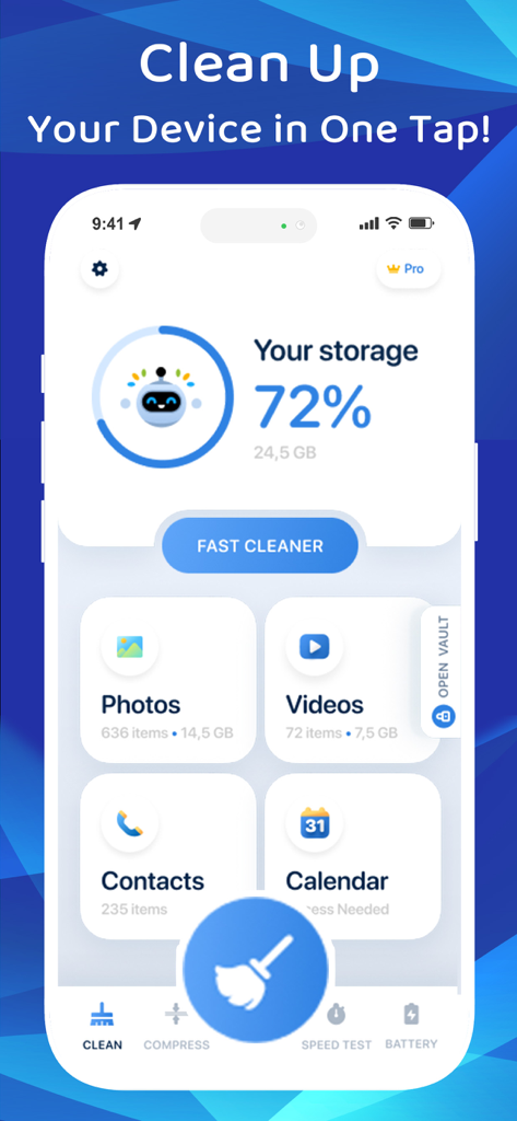 Boost Cleaner app interface showing storage analysis and fast cleaning options