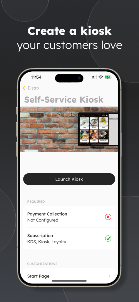 A smartphone screen showing the configuration and launch page for a restaurant self-service kiosk in the Flash Order app.