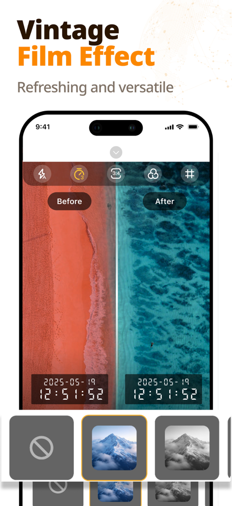 Timestamp Camera Photo&Video - Une comparaison avant/après montrant l'effet de film vintage et l'horodatage de la date sur une photo