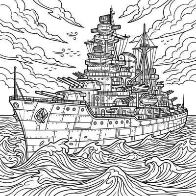Prepare for an exciting journey with this detailed dreadnought coloring page, specifically designed to challenge and engage teen artists. Immerse yourself in the world of powerful warships and bring this magnificent vessel to life with your unique color palette.