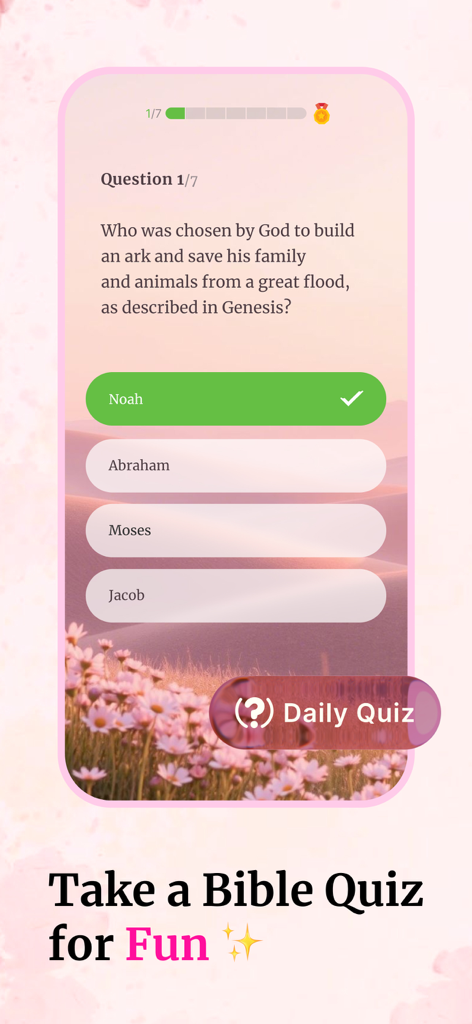 Bible For Women. - A feminine-styled mobile app screen showing a daily Bible quiz about Noah and the Ark with a floral background.