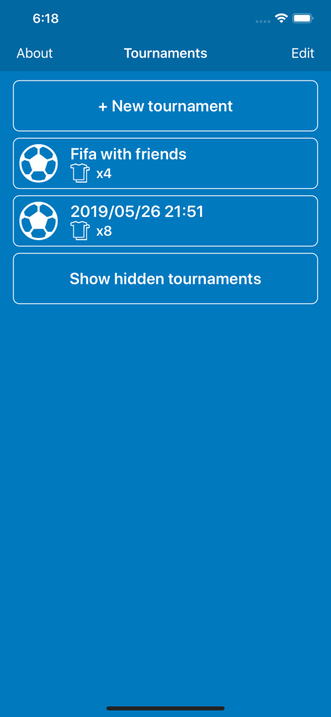 A mobile interface showing a list of organized tournaments in the Custom League Tables app.