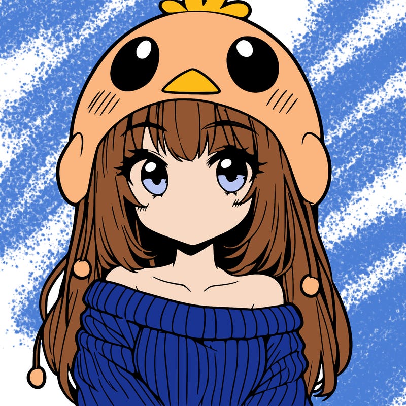 anime girl with chick shaped hat with sweater with bare shoulders with bangs covering them one eye with low tail