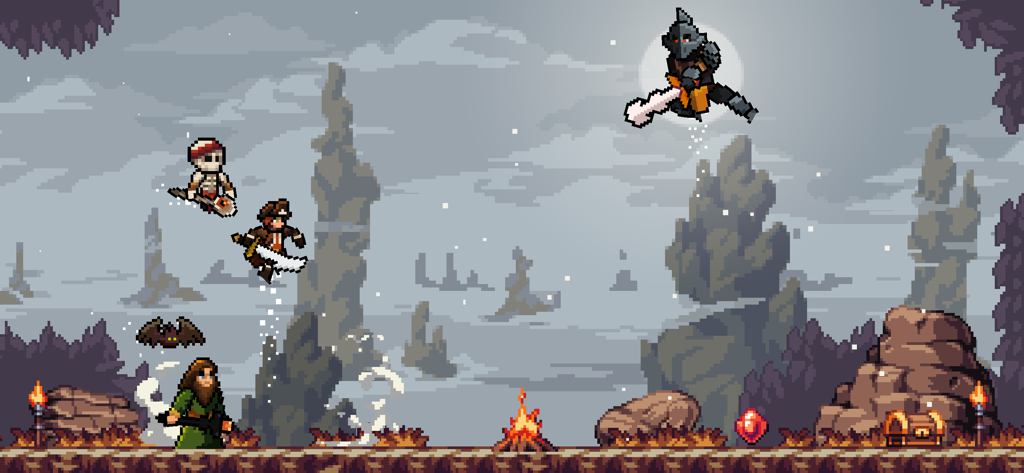 Apple Knight - Captura de tela da jogabilidade de Apple Knight mostrando vários personagens em um mundo 2D de pixel art