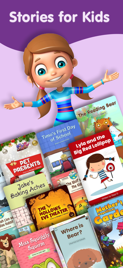 A cartoon girl showing a collection of colorful children storybook covers from the app