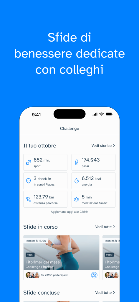 Fitprime app screen displaying monthly fitness stats and corporate wellness challenges