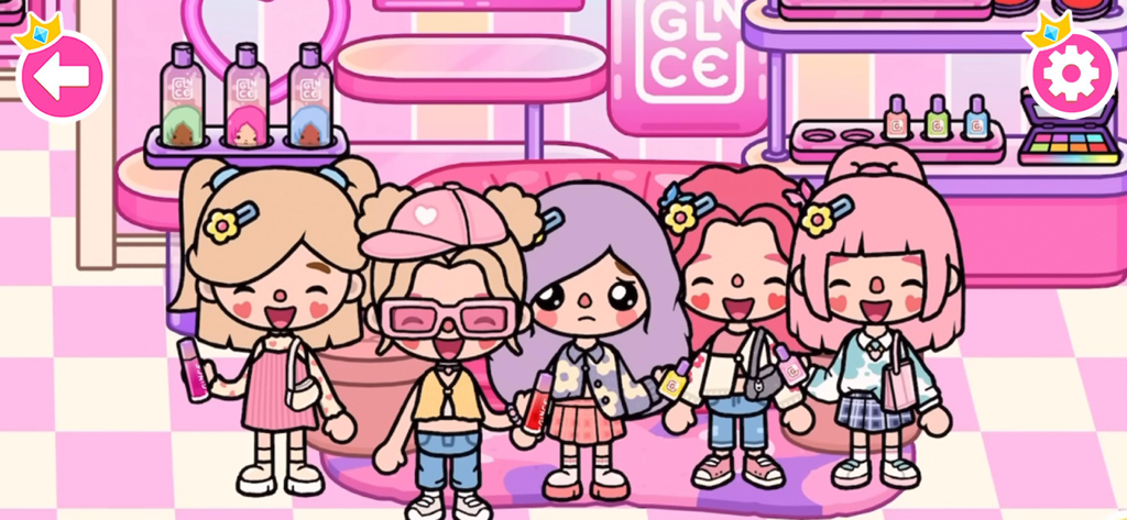 Fünf niedliche Cartoon-Charaktere in einem pinken Make-up-Spa und Schönheitssalon