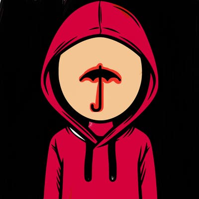 a person with non face waering a hoodie with a small umbrella symbol