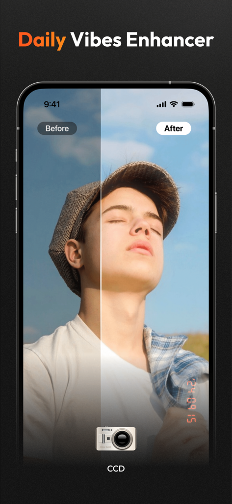 Comparación de antes y después de una foto con el filtro de cámara digital vintage CCD