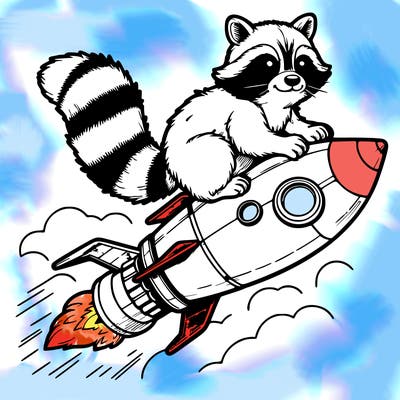 realistic raccoon flying on top rocket ship
