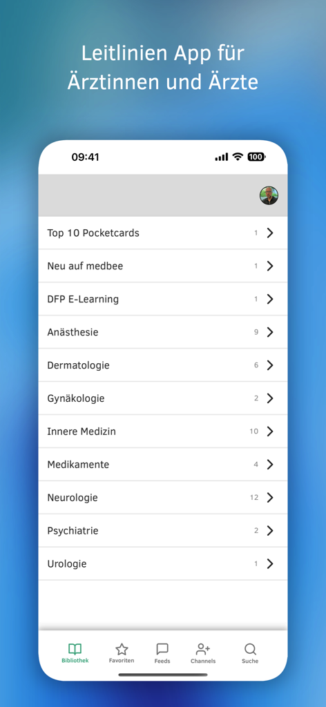 Medbee - Medbee app interface showing a menu of medical specialties and clinical pocketcards