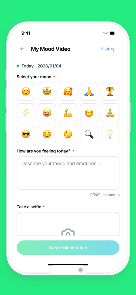 Reso – Stories & Community - Una pantalla de aplicación móvil para crear un video de estado de ánimo con selección de emojis y un campo de texto para describir emociones.