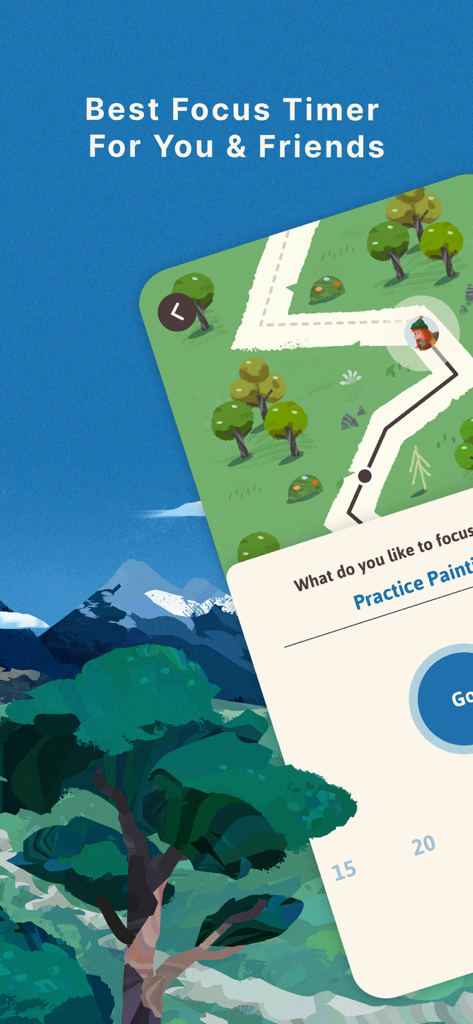 Focus Traveller app interface with a hand-drawn mountain path and focus timer settings