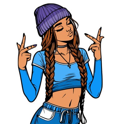 realistic teenage girl with braids and a beanie and crop top doing 🫶🏼