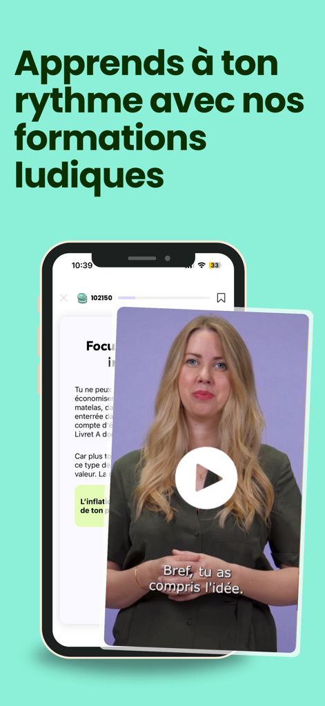 A smartphone screen displaying a Plan Cash video lesson with a female instructor and interactive learning features.