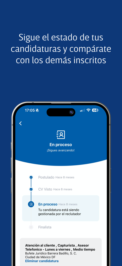 Computrabajo - Mobile interface of the Computrabajo app showing the real-time progress and status of a job candidacy