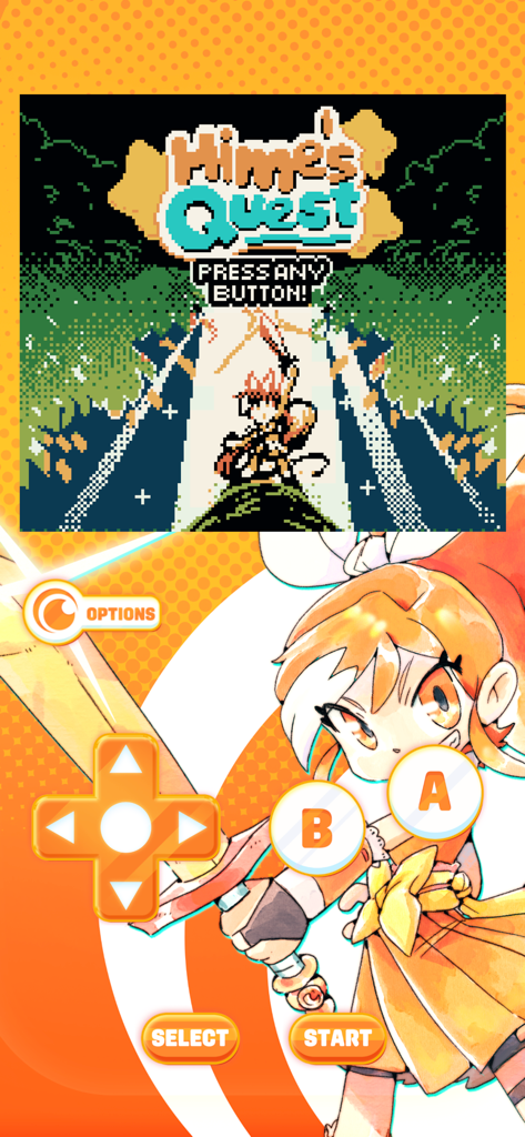 Crunchyroll: Hime’s Quest - レトロなピクセルアートと仮想ゲームコントローラーを備えた、Crunchyroll Hime's Questのタイトル画面