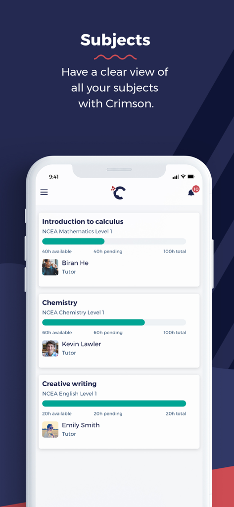Crimson - Crimson app interface showing academic subject tracking with progress bars and tutor assignments