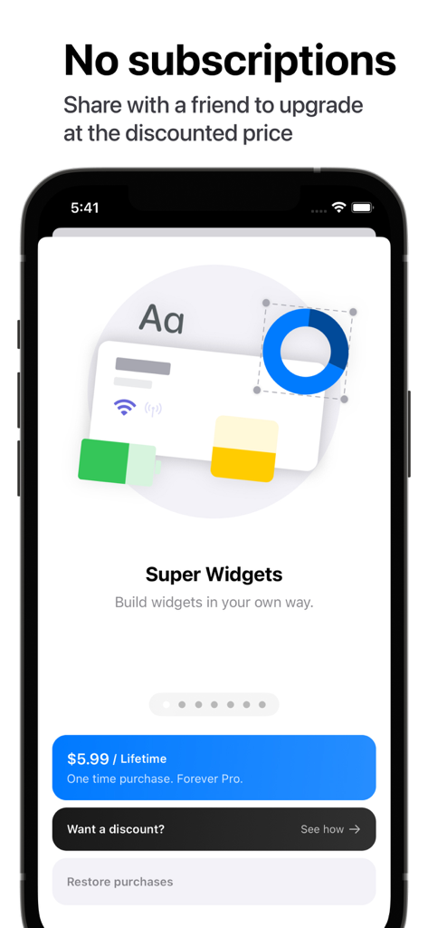 Usage Device Monitor app screenshot showing the lifetime purchase option and super widgets feature