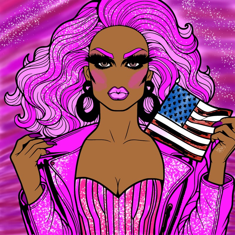 a drag queen with clothes with an american flag realistic