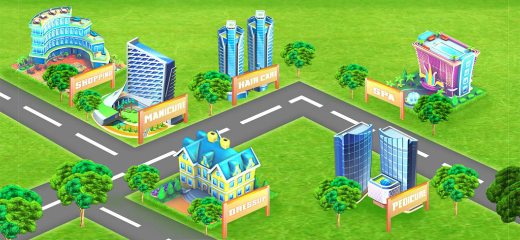 Mapa isométrico de la ciudad que muestra ubicaciones para compras, manicura, cuidado del cabello, spa, vestimenta y pedicura.