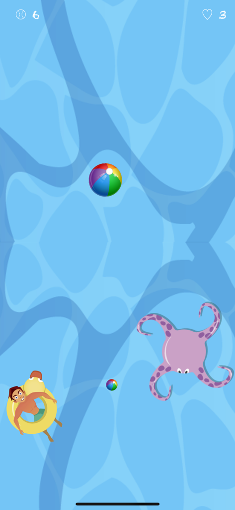 A character in a duck floatie collecting beach balls in a blue swimming pool while avoiding a purple octopus.