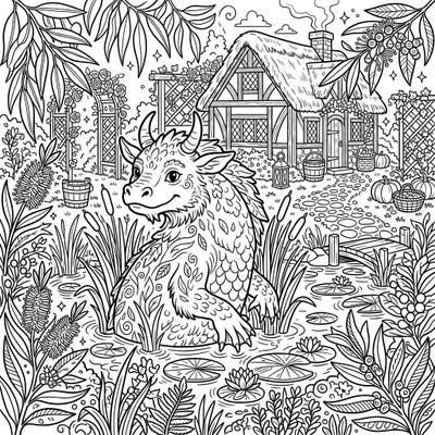 Step into a world where myth meets rustic charm with our delightful Bunyip in a Cottagecore Garden coloring page. This intricate design invites you to color a friendly mythical creature amidst a whimsical, cozy landscape.