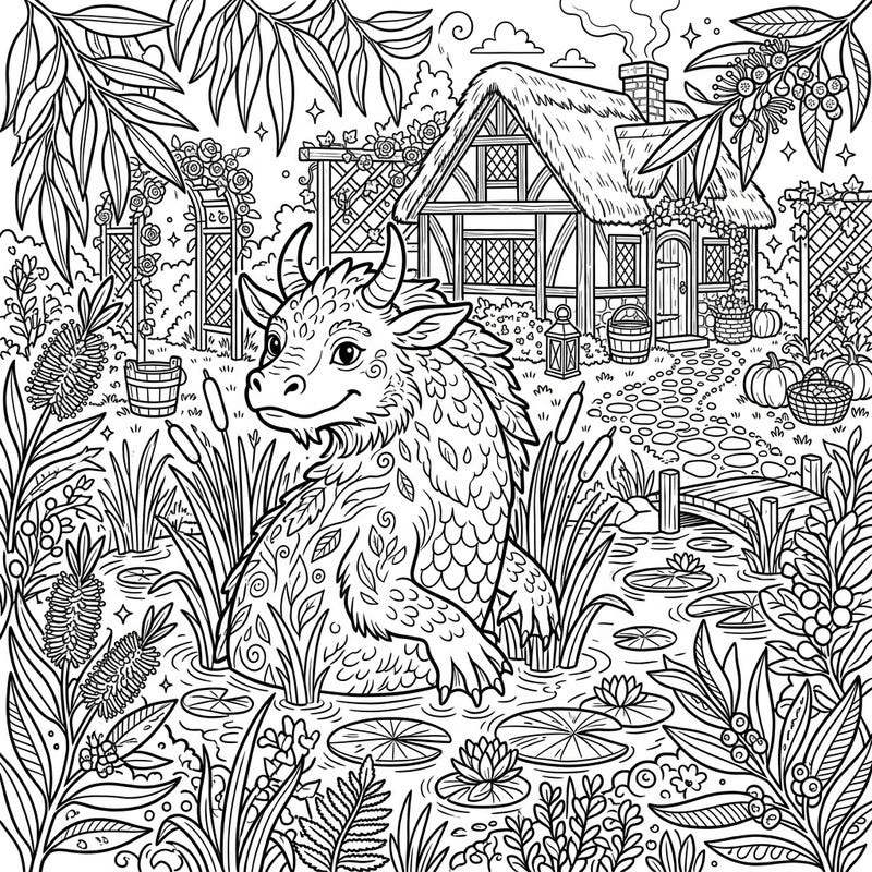 Step into a world where myth meets rustic charm with our delightful Bunyip in a Cottagecore Garden coloring page. This intricate design invites you to color a friendly mythical creature amidst a whimsical, cozy landscape.