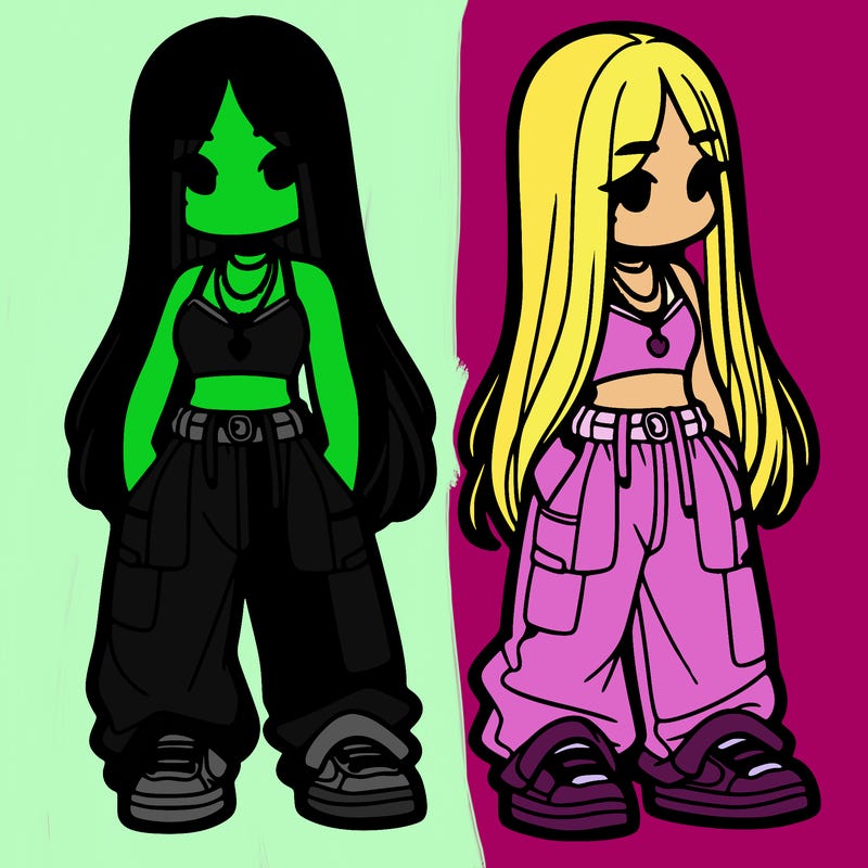 girl in baggy pants crop top and long hair