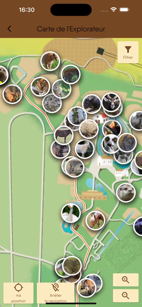 Mappa interattiva dell'esploratore dell'app WOW Thoiry ZooSafari che mostra icone di animali e pulsanti di navigazione