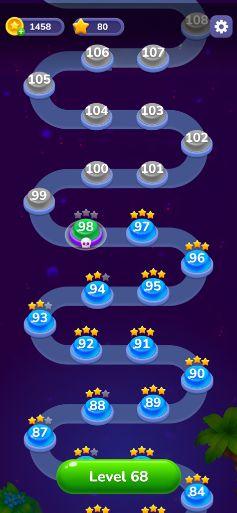 Un camino sinuoso de niveles de juego numerados con estrellas ganadas en el juego móvil Bubble Shooter Tale