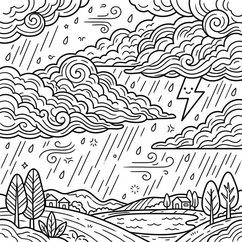 Bring the excitement of a gathering storm to life with this delightful coloring page, perfect for young artists. Featuring friendly lightning, swirling clouds, and a peaceful countryside, it's an ideal way to explore weather themes creatively.