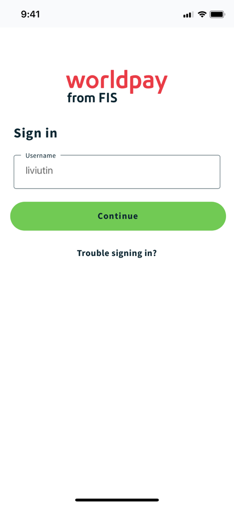 Worldpay Dashboard - Anmeldebildschirm der Worldpay Dashboard App mit einem Feld für den Benutzernamen und einer Weiter-Schaltfläche.