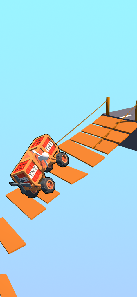 Car Maker: Trailblazer - A custom vehicle made of TNT crates navigating an orange bridge obstacle course in Car Maker Trailblazer.