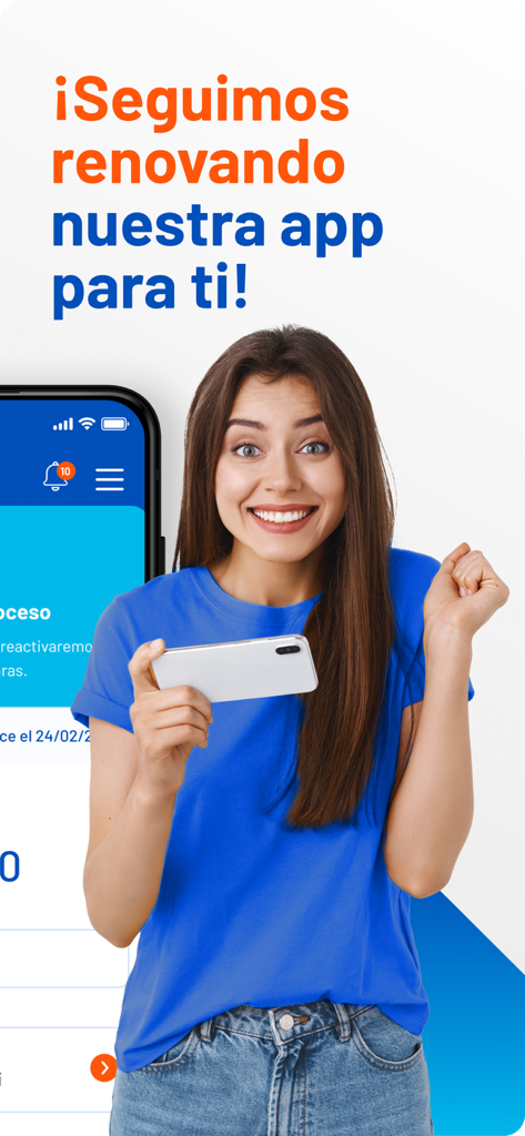 Una mujer sonriente sosteniendo un smartphone con texto en español anunciando la renovación de la app Mi Entel Peru