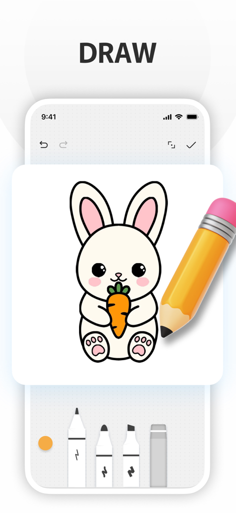 Sticky Notes:Widget Color Icon - Un dibujo digital de un lindo conejito sosteniendo una zanahoria en la interfaz de dibujo de la aplicación Sticky Notes con herramientas de lápiz y marcador debajo.