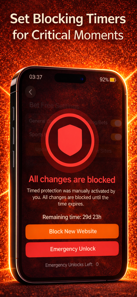 Bet Free: Stop Gambling Now - iPhone screen displaying the Bet Free app interface with an active 30-day timer that blocks gambling website changes
