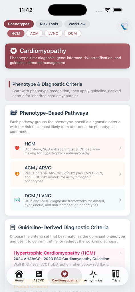 CardioGenetics - Interface of the CardioGenetics app showing cardiomyopathy diagnostic pathways and phenotypes for HCM ACM and DCM