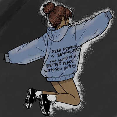 realistic girl jumping with a bun and oversized sweatshirt