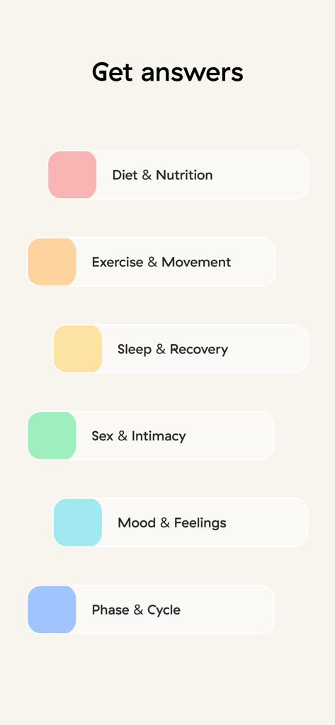 Berry - Wellness - Berry Wellness app screen showing categories for diet exercise sleep and cycle syncing