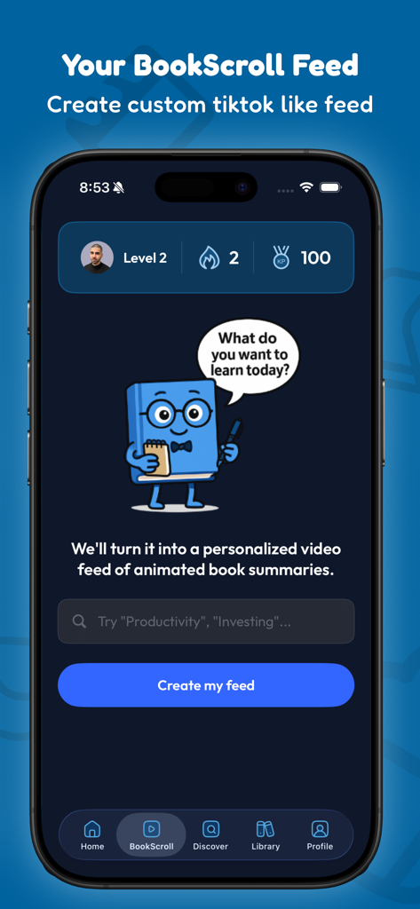 Interfaz de la aplicación BookWatch que muestra la pantalla de creación de feed de BookScroll para resúmenes de libros animados.