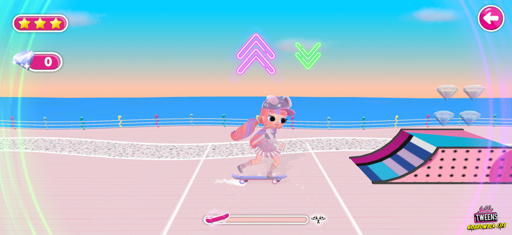 해변가 미니 게임에서 스케이트보드를 타는 L.O.L. Surprise Tween 캐릭터