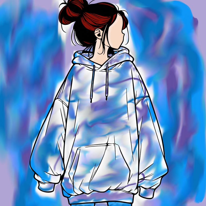 realistic girl with a oversized sweatshirt on and a bun