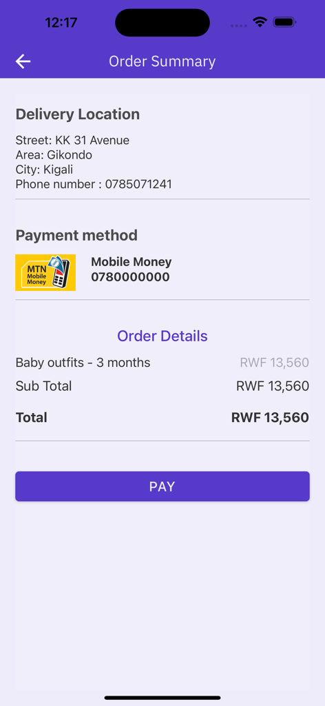 Tela de resumo do pedido no aplicativo UZA Rwanda mostrando detalhes de entrega e pagamento por MTN Mobile Money